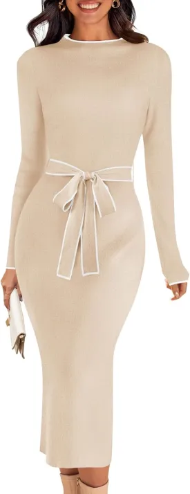 MEROKEETY Women's 2024 Long Sleeve Midi Sweater Dress Fall Mock Neck Color Block Tie Waist Bodycon Knit Dress