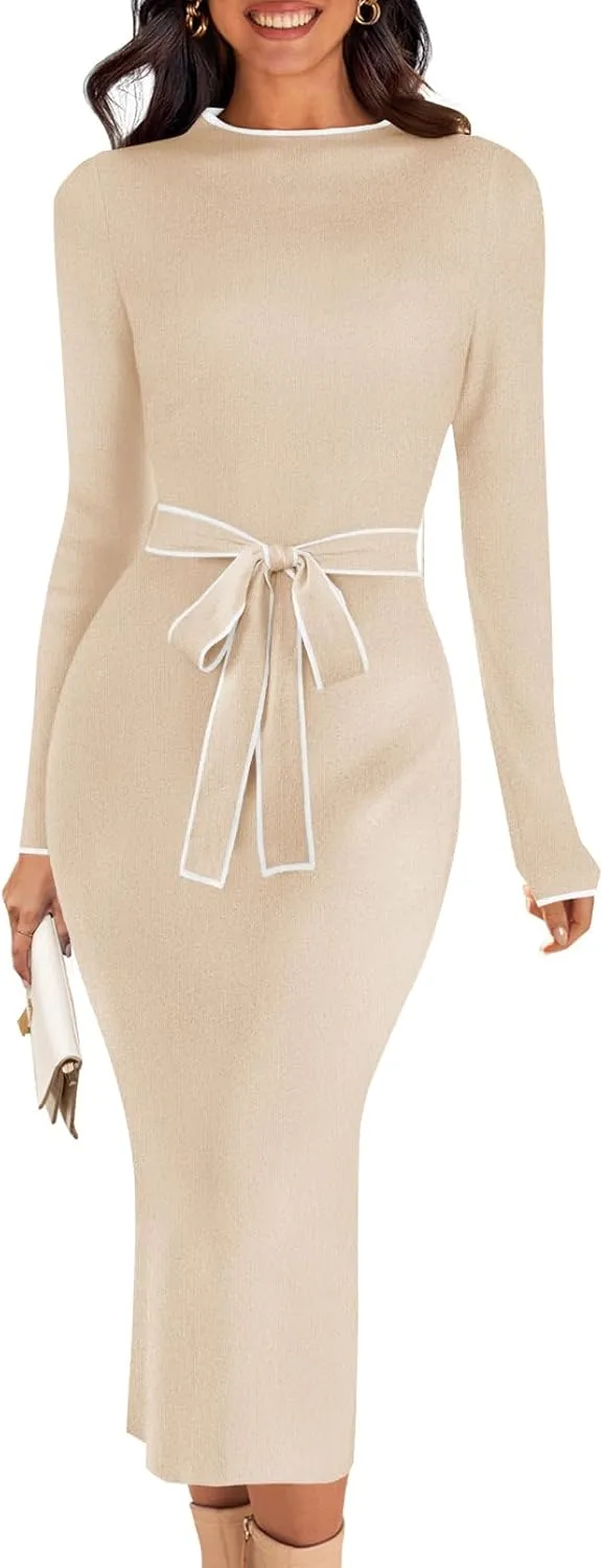 MEROKEETY Women's 2024 Long Sleeve Midi Sweater Dress Fall Mock Neck Color Block Tie Waist Bodycon Knit Dress