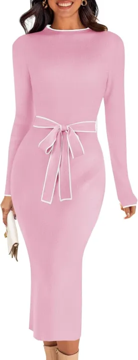 MEROKEETY Women's 2024 Long Sleeve Midi Sweater Dress Fall Mock Neck Color Block Tie Waist Bodycon Knit Dress
