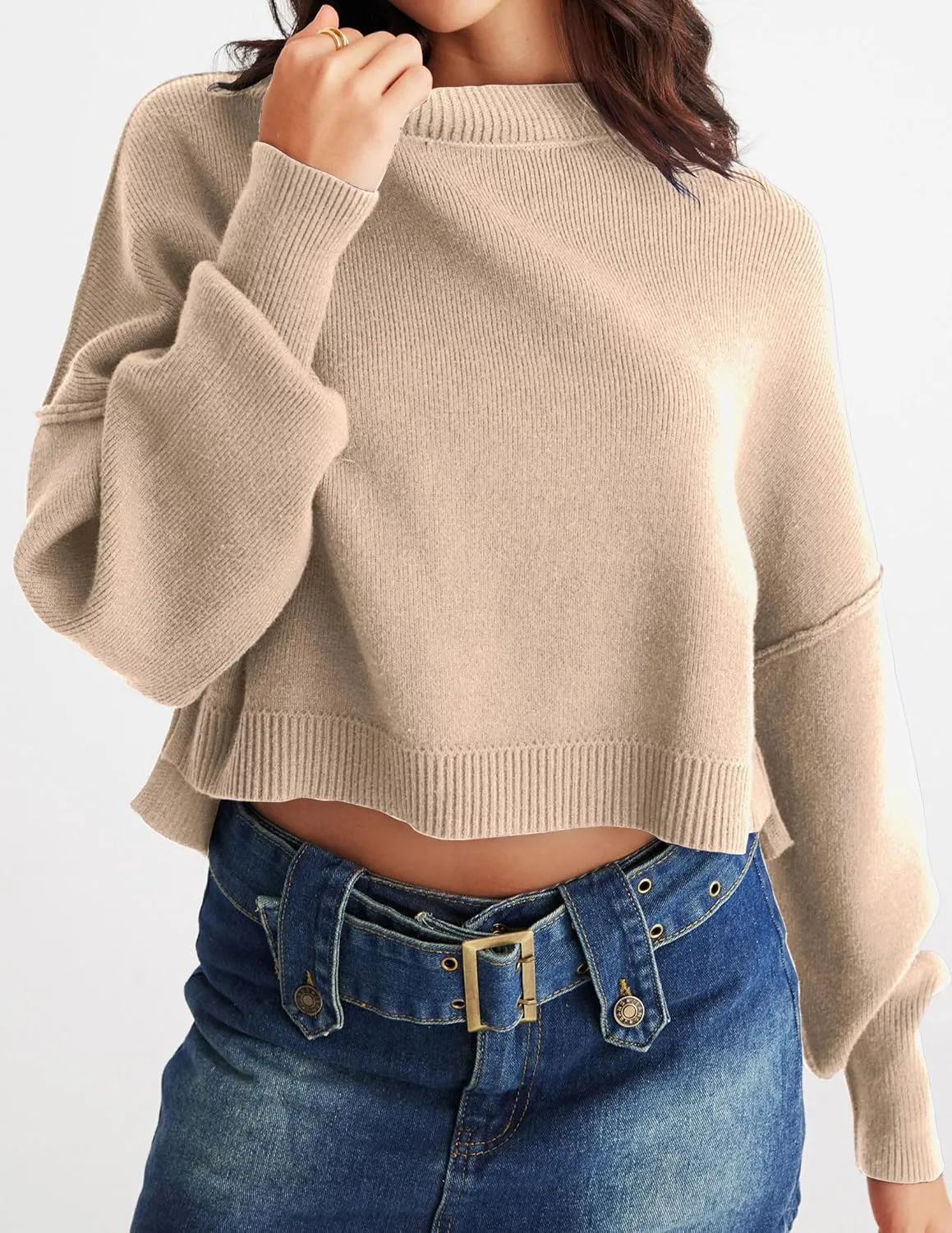 MEROKEETY Women's 2025 Crewneck Cropped Sweater Fall Batwing Sleeve Oversized Side Slit Ribbed Knit Pullover Jumper Tops