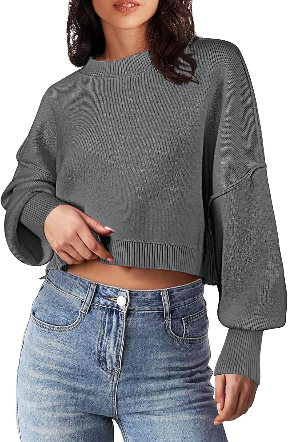 MEROKEETY Women's 2025 Crewneck Cropped Sweater Fall Batwing Sleeve Oversized Side Slit Ribbed Knit Pullover Jumper Tops