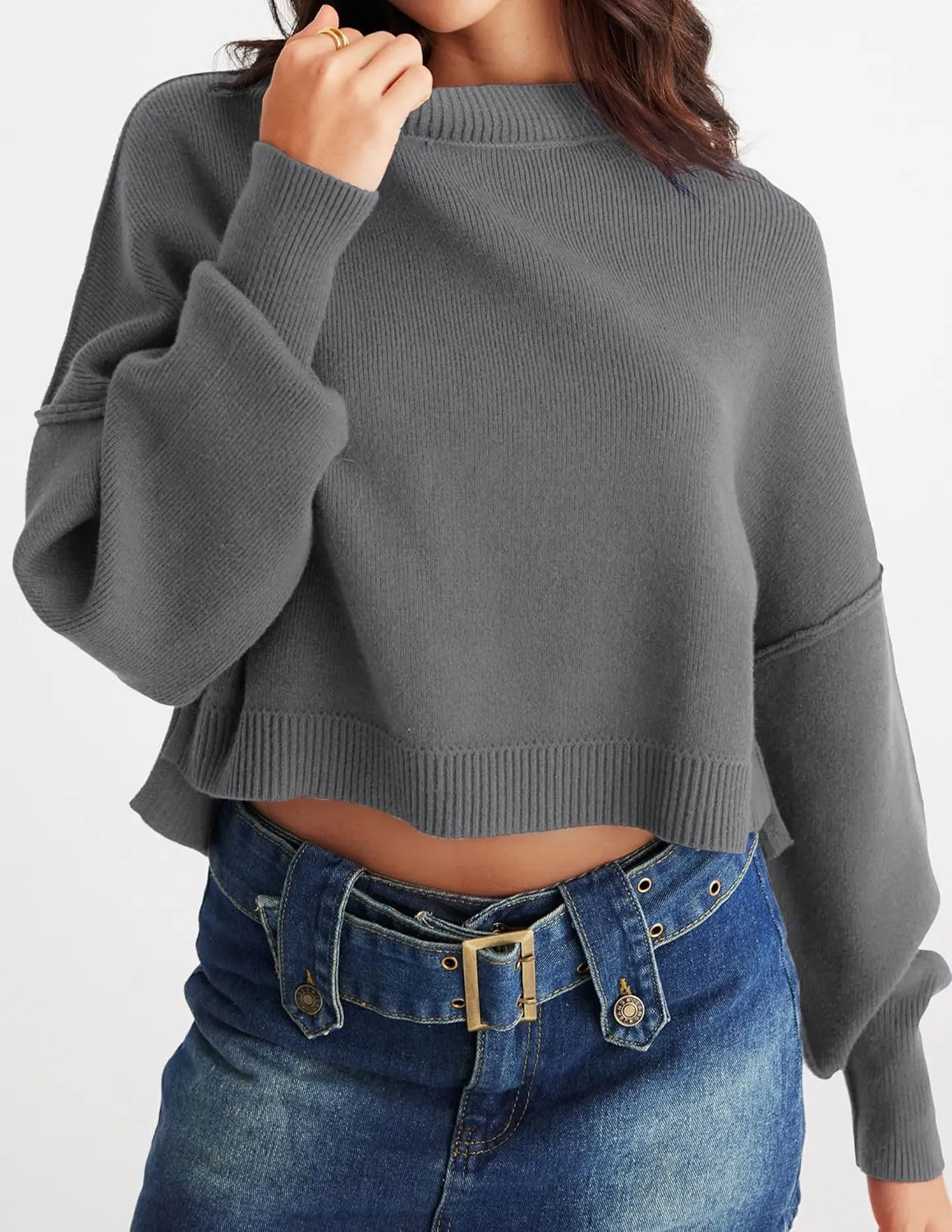 MEROKEETY Women's 2025 Crewneck Cropped Sweater Fall Batwing Sleeve Oversized Side Slit Ribbed Knit Pullover Jumper Tops