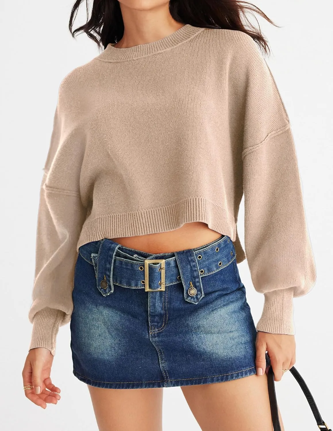 MEROKEETY Women's 2025 Crewneck Cropped Sweater Fall Batwing Sleeve Oversized Side Slit Ribbed Knit Pullover Jumper Tops