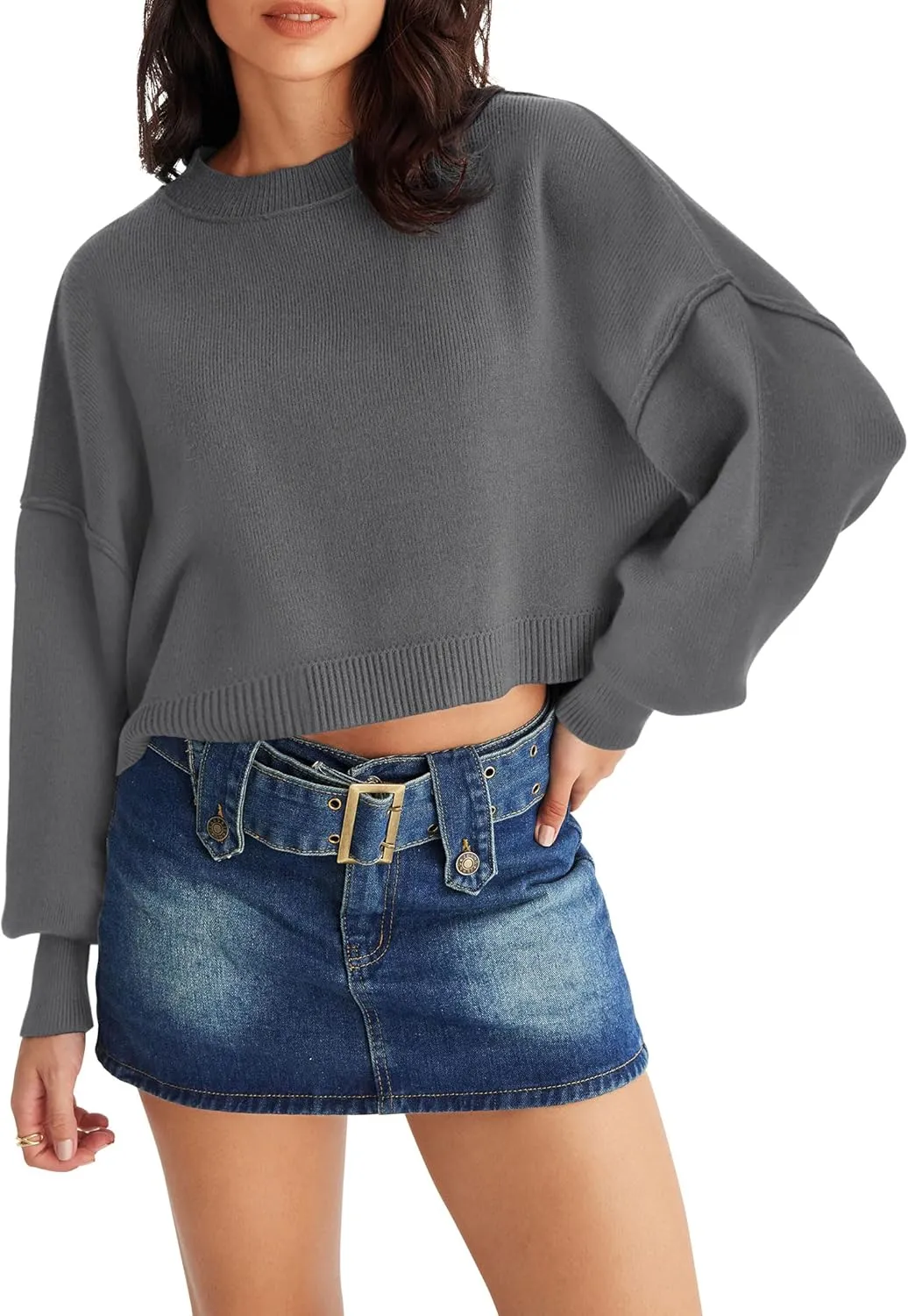 MEROKEETY Women's 2025 Crewneck Cropped Sweater Fall Batwing Sleeve Oversized Side Slit Ribbed Knit Pullover Jumper Tops