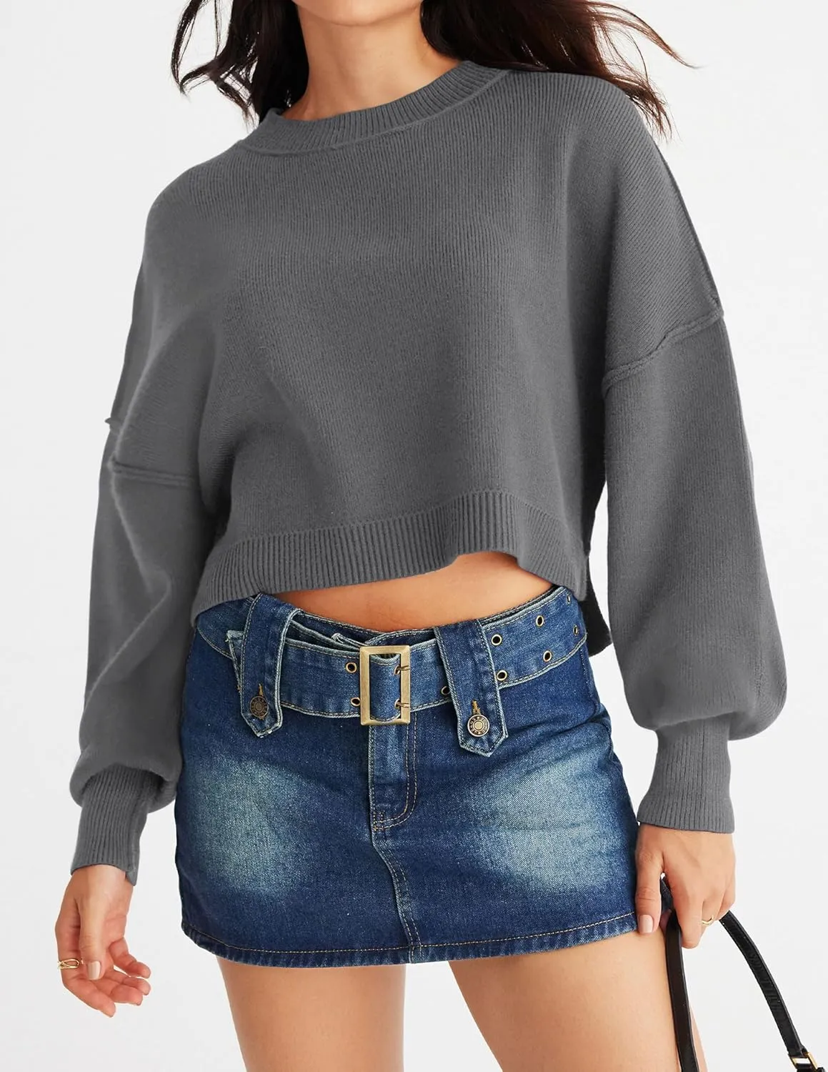 MEROKEETY Women's 2025 Crewneck Cropped Sweater Fall Batwing Sleeve Oversized Side Slit Ribbed Knit Pullover Jumper Tops