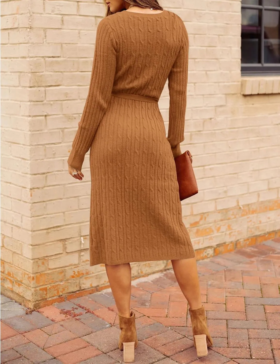 MEROKEETY Women's V Neck Cable Knit Sweater Dress Long Sleeve Bodycon Slit Pullover Midi Dress with Belt