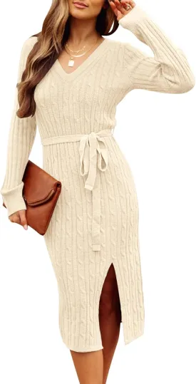 MEROKEETY Women's V Neck Cable Knit Sweater Dress Long Sleeve Bodycon Slit Pullover Midi Dress with Belt