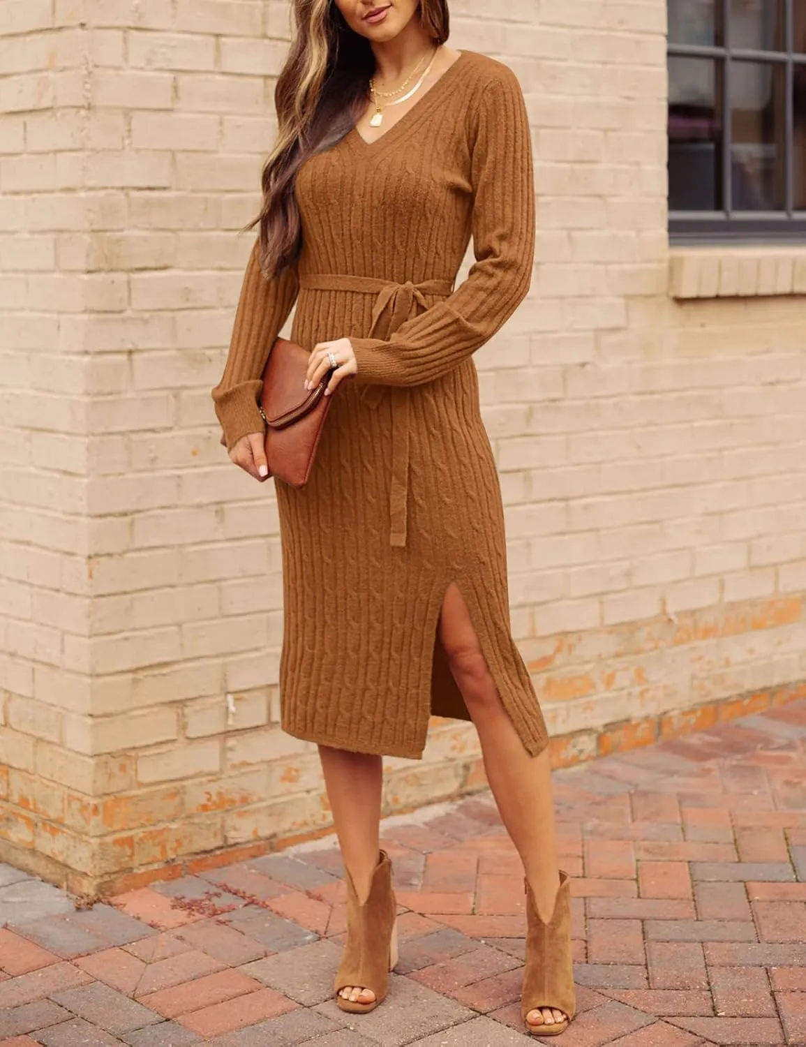 MEROKEETY Women's V Neck Cable Knit Sweater Dress Long Sleeve Bodycon Slit Pullover Midi Dress with Belt