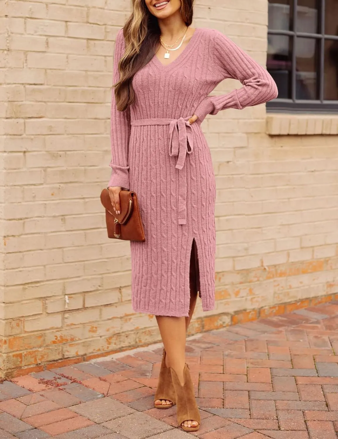 MEROKEETY Women's V Neck Cable Knit Sweater Dress Long Sleeve Bodycon Slit Pullover Midi Dress with Belt