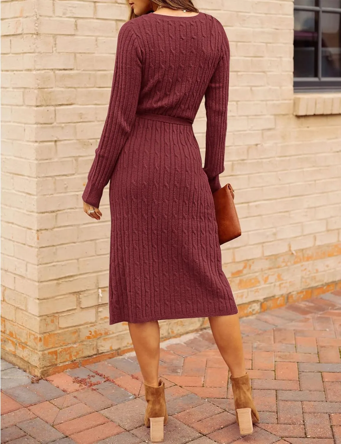 MEROKEETY Women's V Neck Cable Knit Sweater Dress Long Sleeve Bodycon Slit Pullover Midi Dress with Belt
