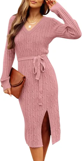 MEROKEETY Women's V Neck Cable Knit Sweater Dress Long Sleeve Bodycon Slit Pullover Midi Dress with Belt