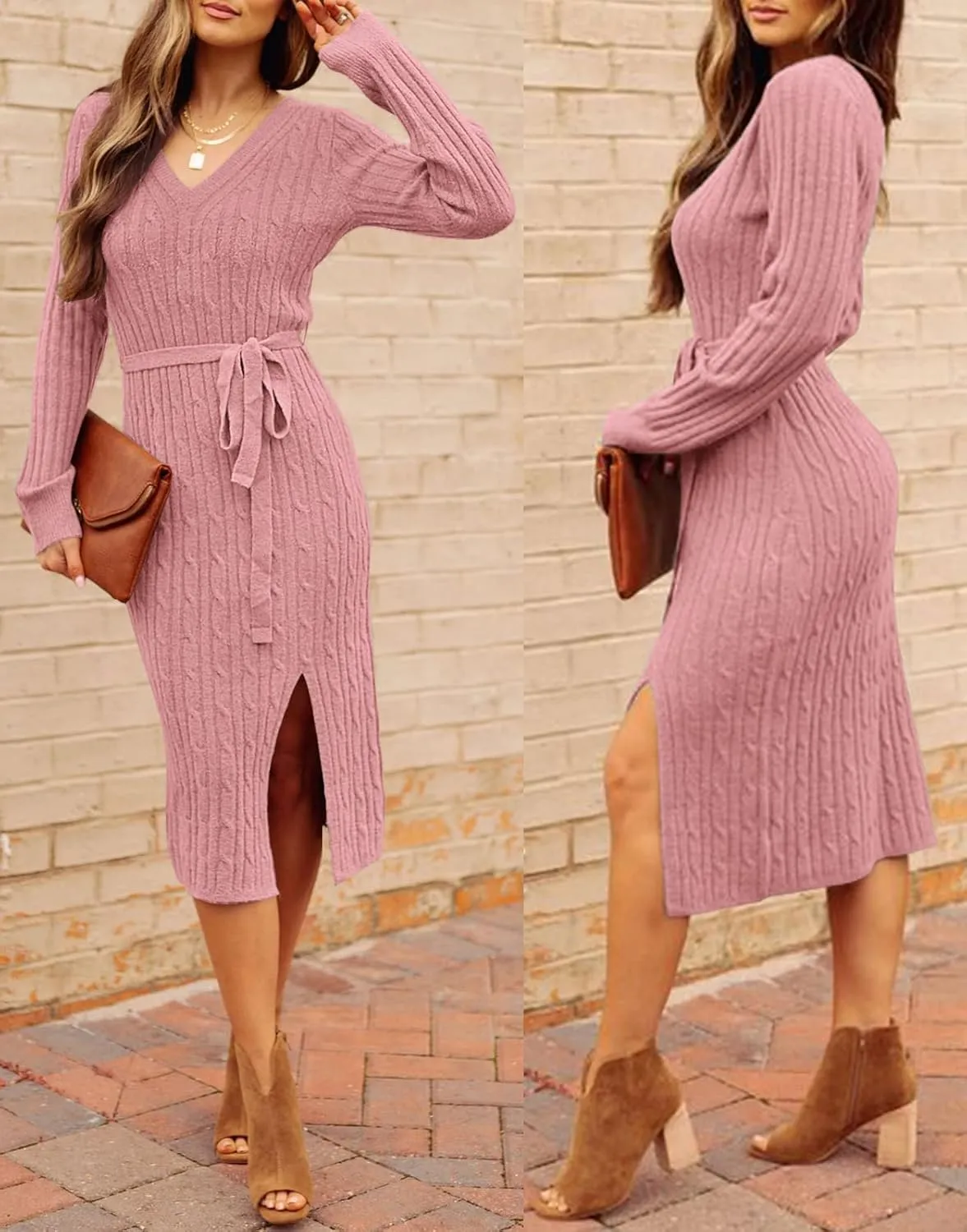 MEROKEETY Women's V Neck Cable Knit Sweater Dress Long Sleeve Bodycon Slit Pullover Midi Dress with Belt