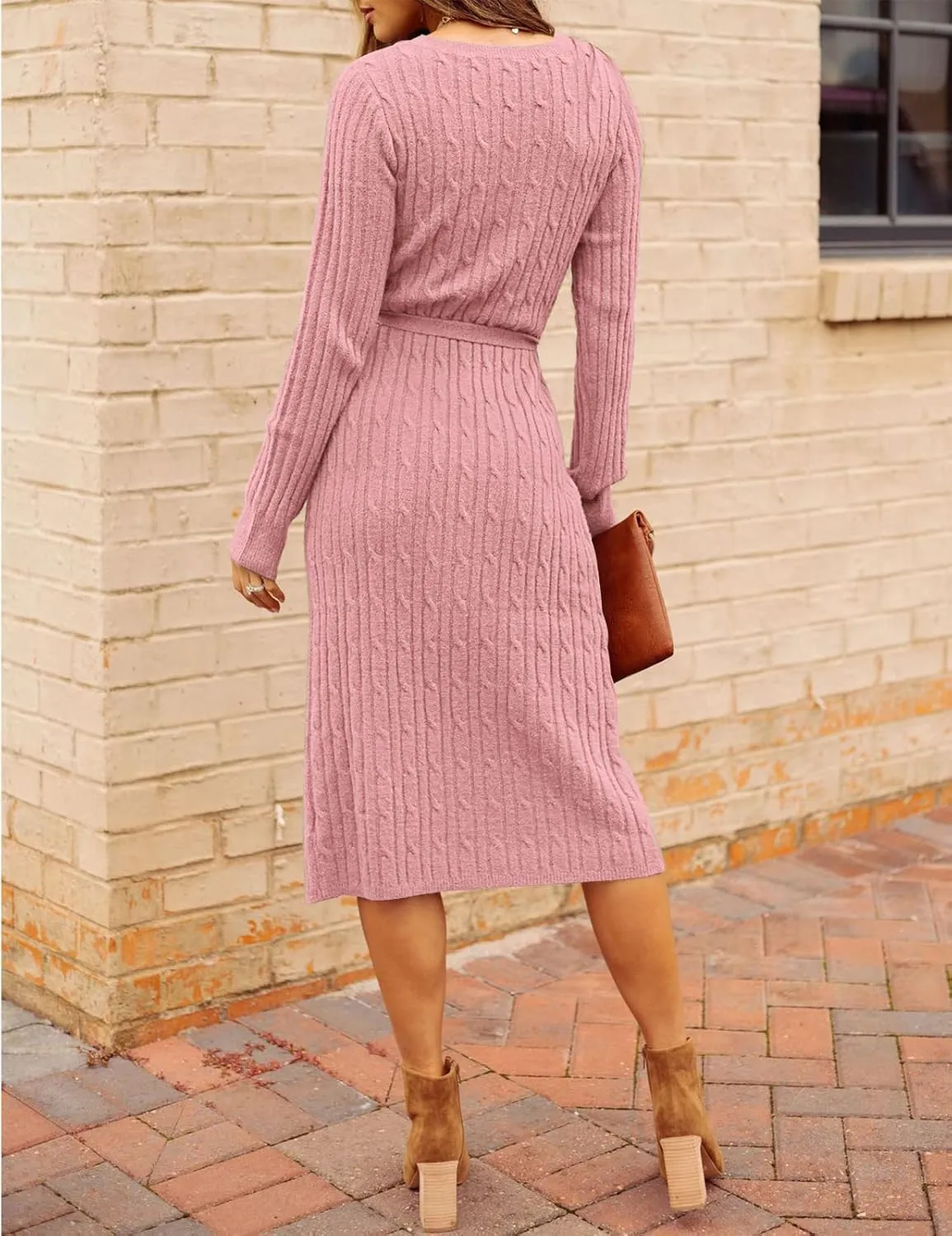 MEROKEETY Women's V Neck Cable Knit Sweater Dress Long Sleeve Bodycon Slit Pullover Midi Dress with Belt