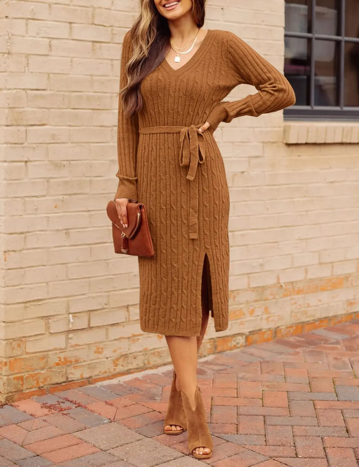 MEROKEETY Women's V Neck Cable Knit Sweater Dress Long Sleeve Bodycon Slit Pullover Midi Dress with Belt