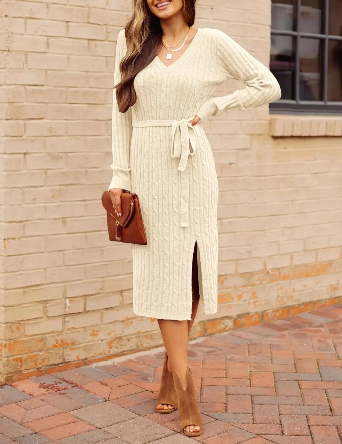 MEROKEETY Women's V Neck Cable Knit Sweater Dress Long Sleeve Bodycon Slit Pullover Midi Dress with Belt