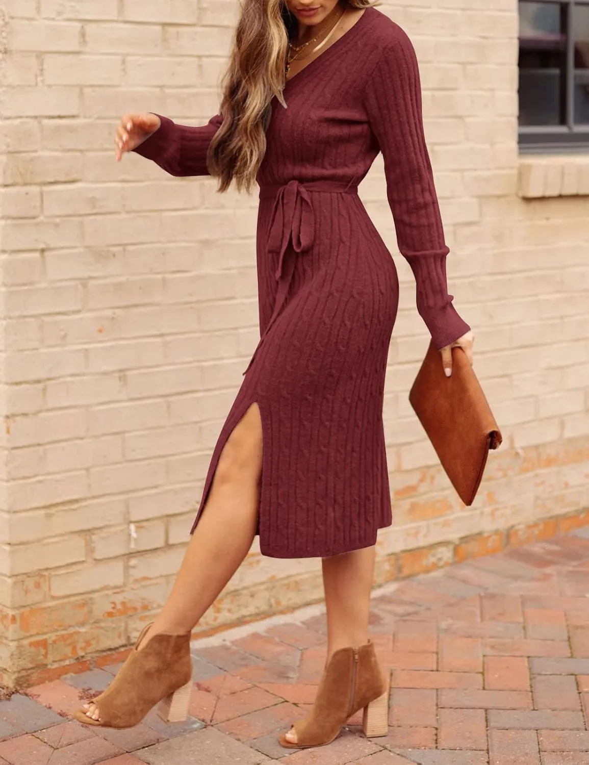 MEROKEETY Women's V Neck Cable Knit Sweater Dress Long Sleeve Bodycon Slit Pullover Midi Dress with Belt