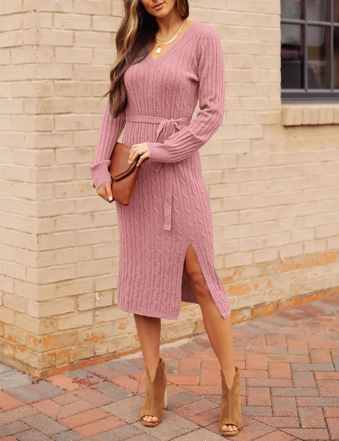 MEROKEETY Women's V Neck Cable Knit Sweater Dress Long Sleeve Bodycon Slit Pullover Midi Dress with Belt