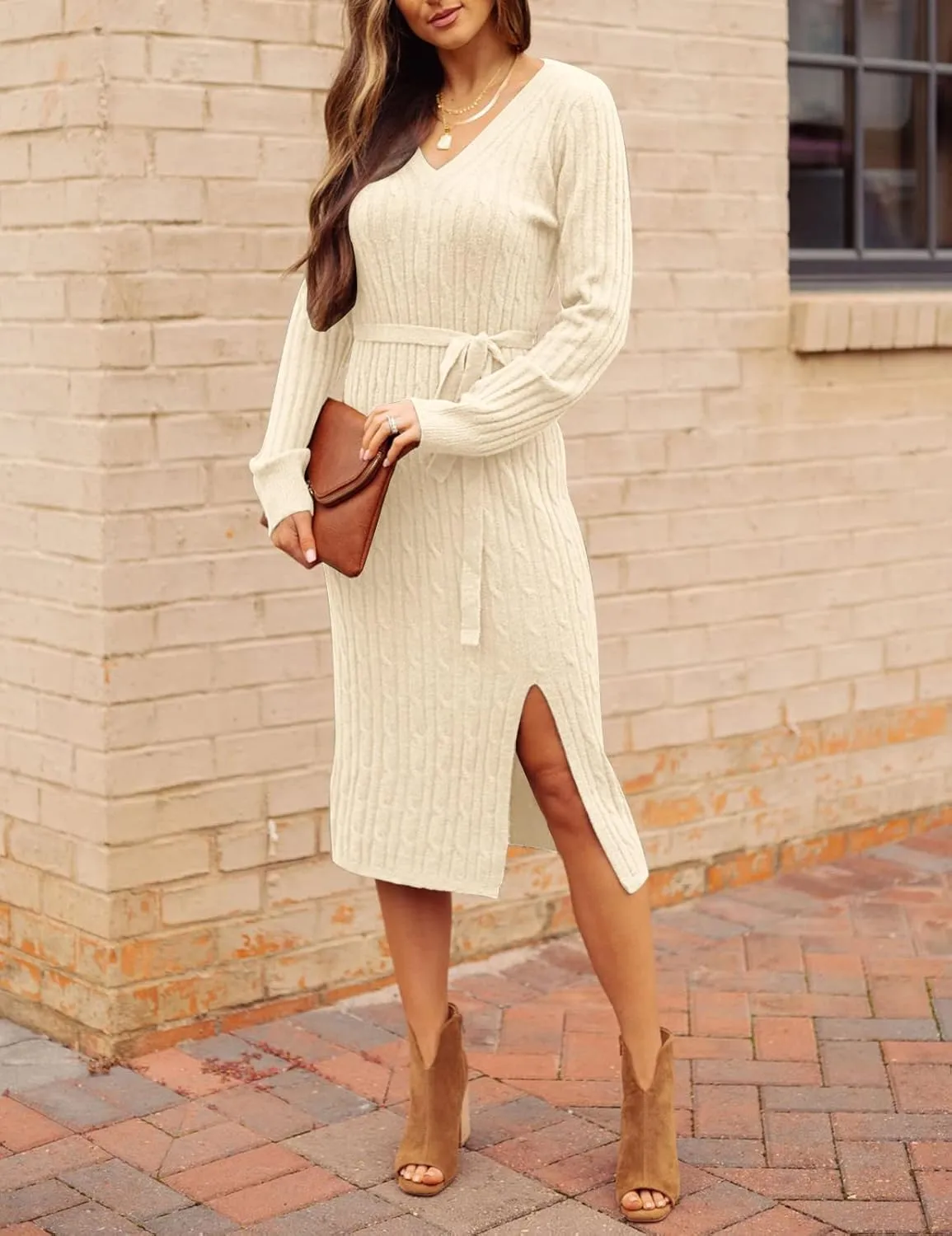 MEROKEETY Women's V Neck Cable Knit Sweater Dress Long Sleeve Bodycon Slit Pullover Midi Dress with Belt