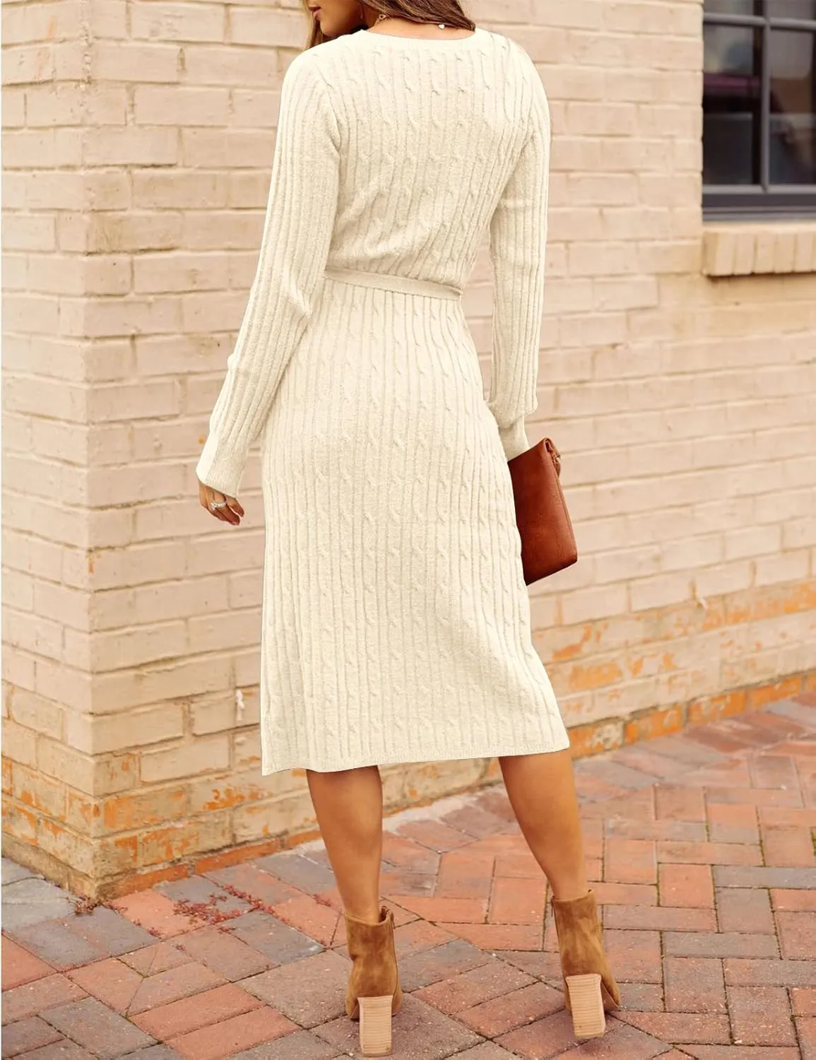 MEROKEETY Women's V Neck Cable Knit Sweater Dress Long Sleeve Bodycon Slit Pullover Midi Dress with Belt