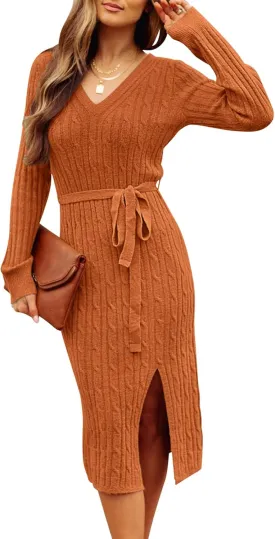 MEROKEETY Women's V Neck Cable Knit Sweater Dress Long Sleeve Bodycon Slit Pullover Midi Dress with Belt