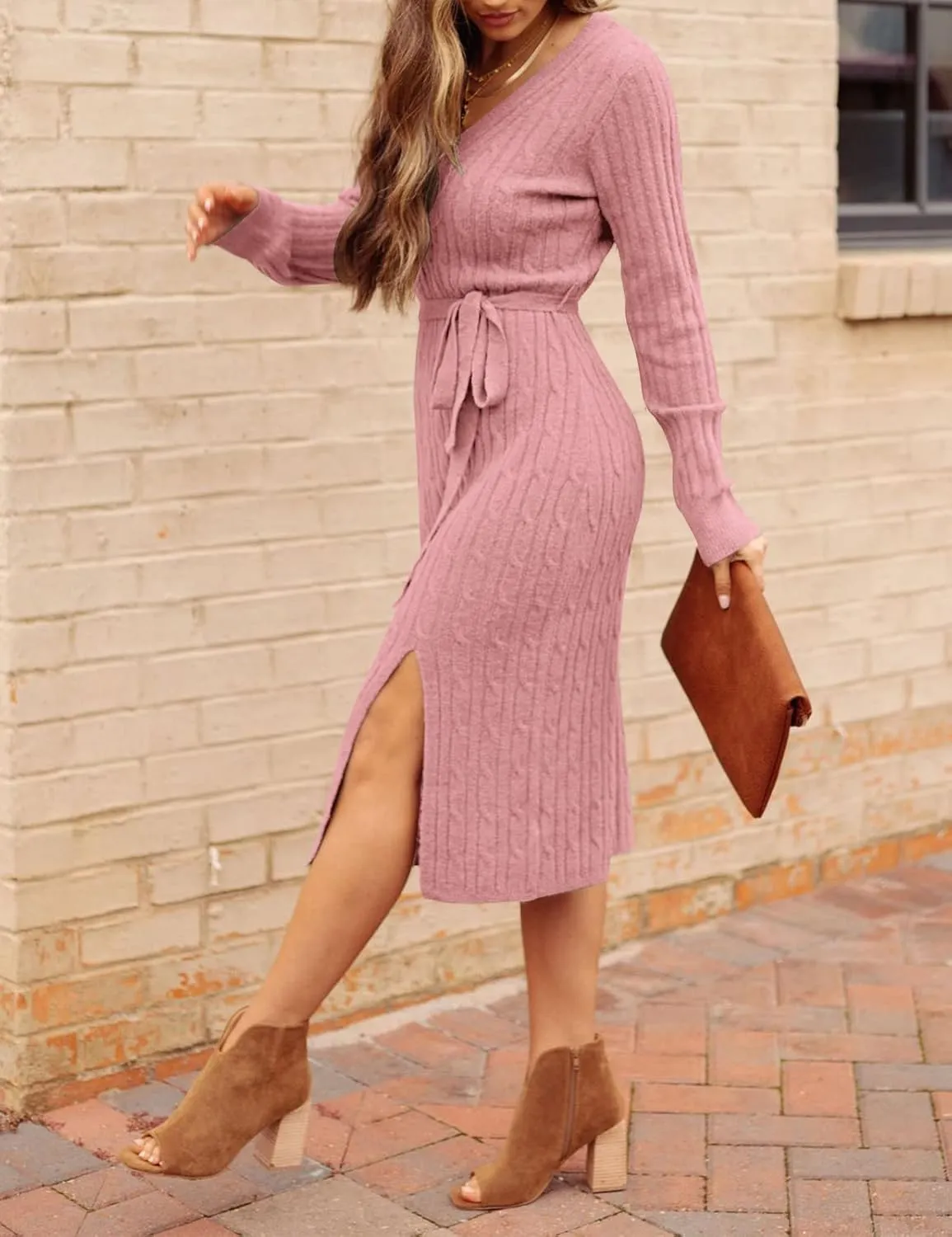 MEROKEETY Women's V Neck Cable Knit Sweater Dress Long Sleeve Bodycon Slit Pullover Midi Dress with Belt