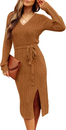 MEROKEETY Women's V Neck Cable Knit Sweater Dress Long Sleeve Bodycon Slit Pullover Midi Dress with Belt