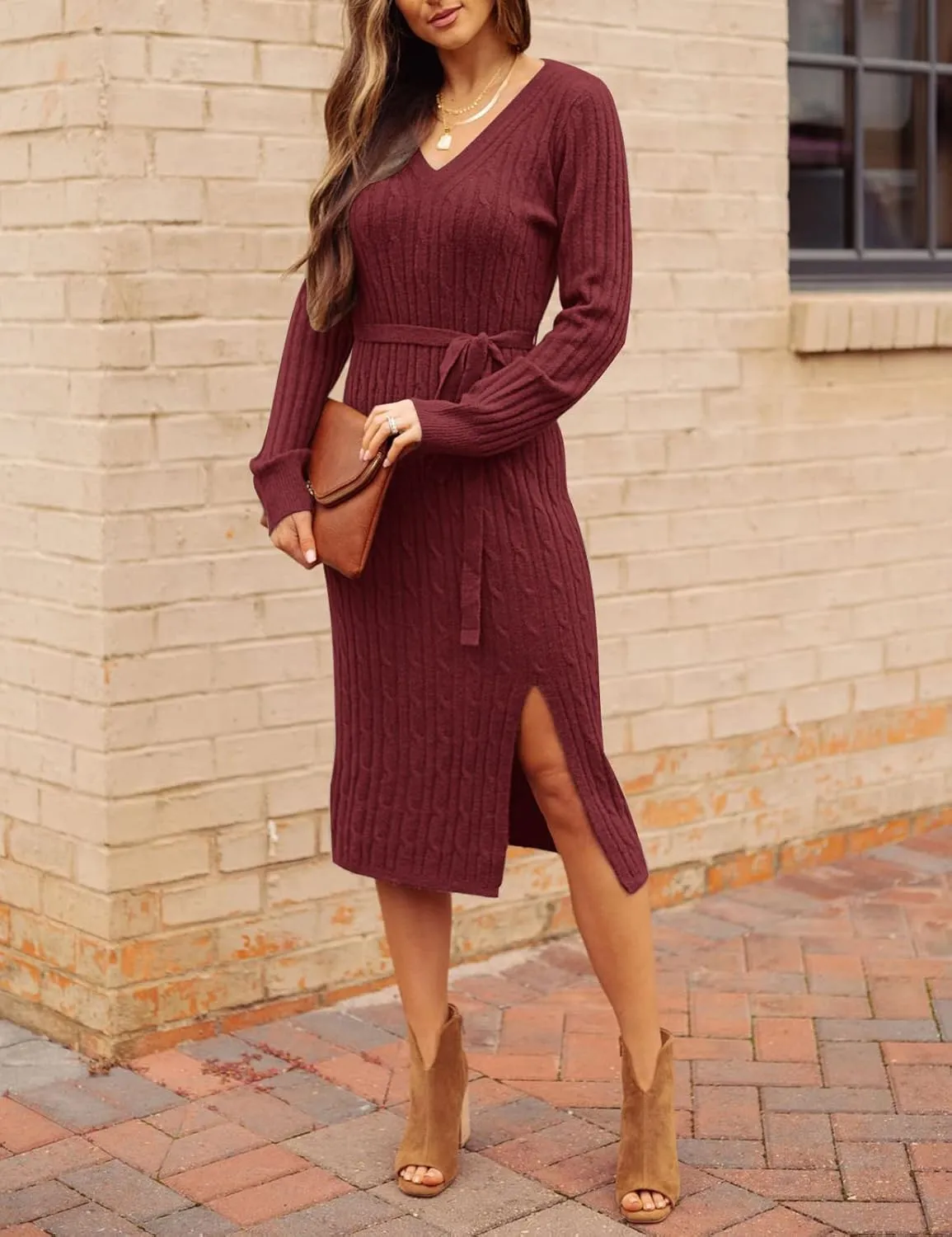 MEROKEETY Women's V Neck Cable Knit Sweater Dress Long Sleeve Bodycon Slit Pullover Midi Dress with Belt