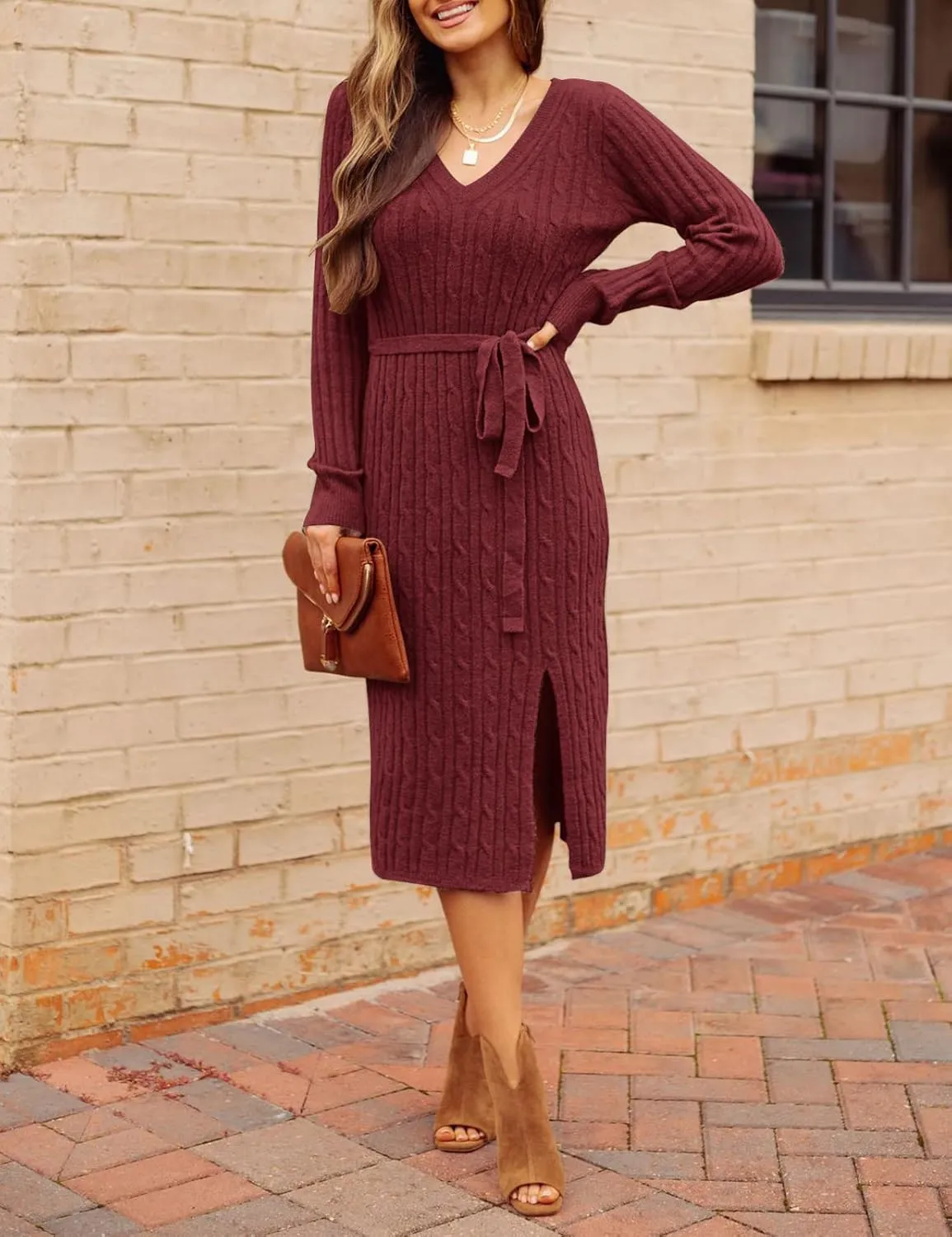 MEROKEETY Women's V Neck Cable Knit Sweater Dress Long Sleeve Bodycon Slit Pullover Midi Dress with Belt