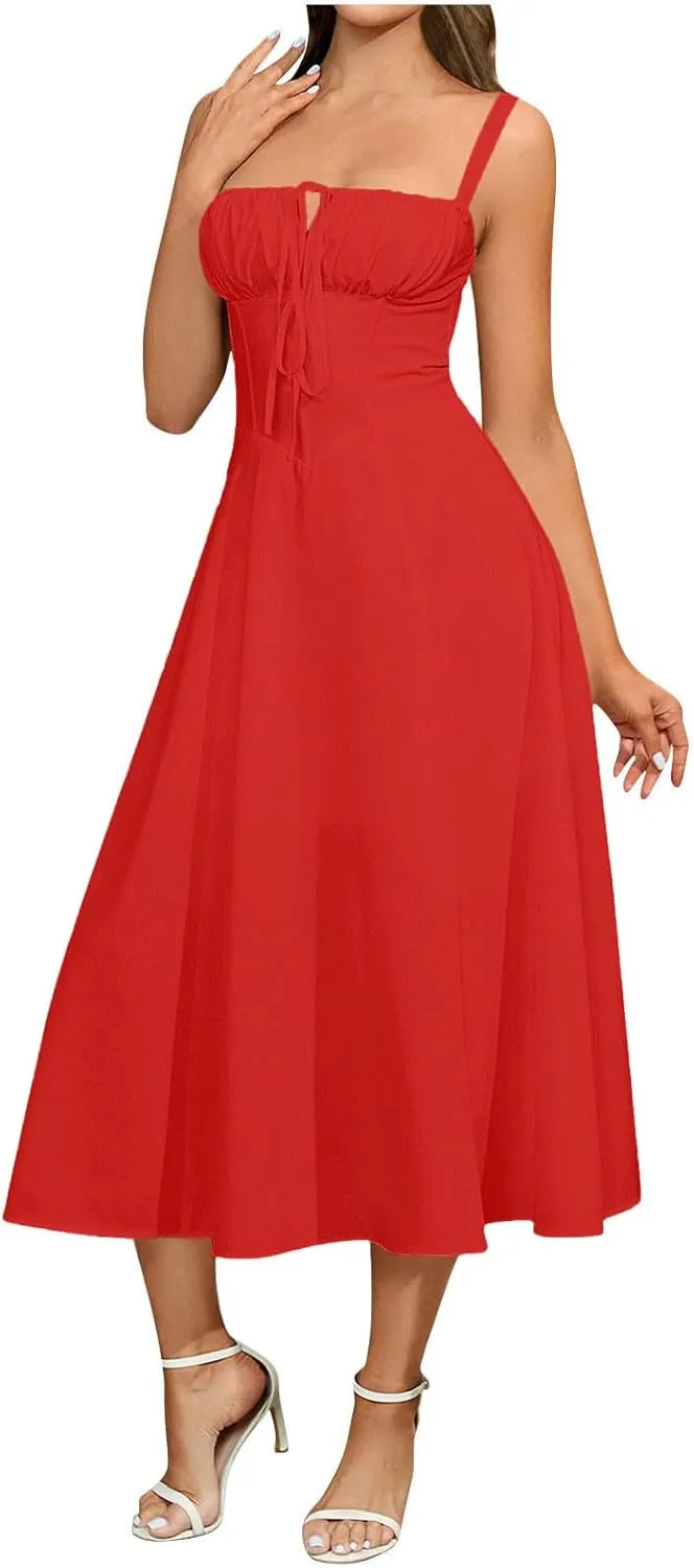 Midi Corset Dress for Women Boho Flowy Slit Lace Up Midi Dresses Going Out A Line Cocktail Party Casual Sundress