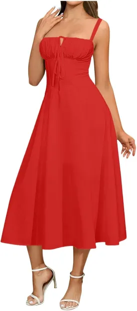 Midi Corset Dress for Women Boho Flowy Slit Lace Up Midi Dresses Going Out A Line Cocktail Party Casual Sundress