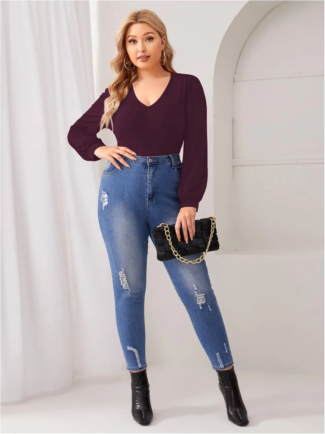 Milumia Women's Plus Size V Neck Long Sleeve Bodysuit Leotards Basic Shirts Jumpsuit