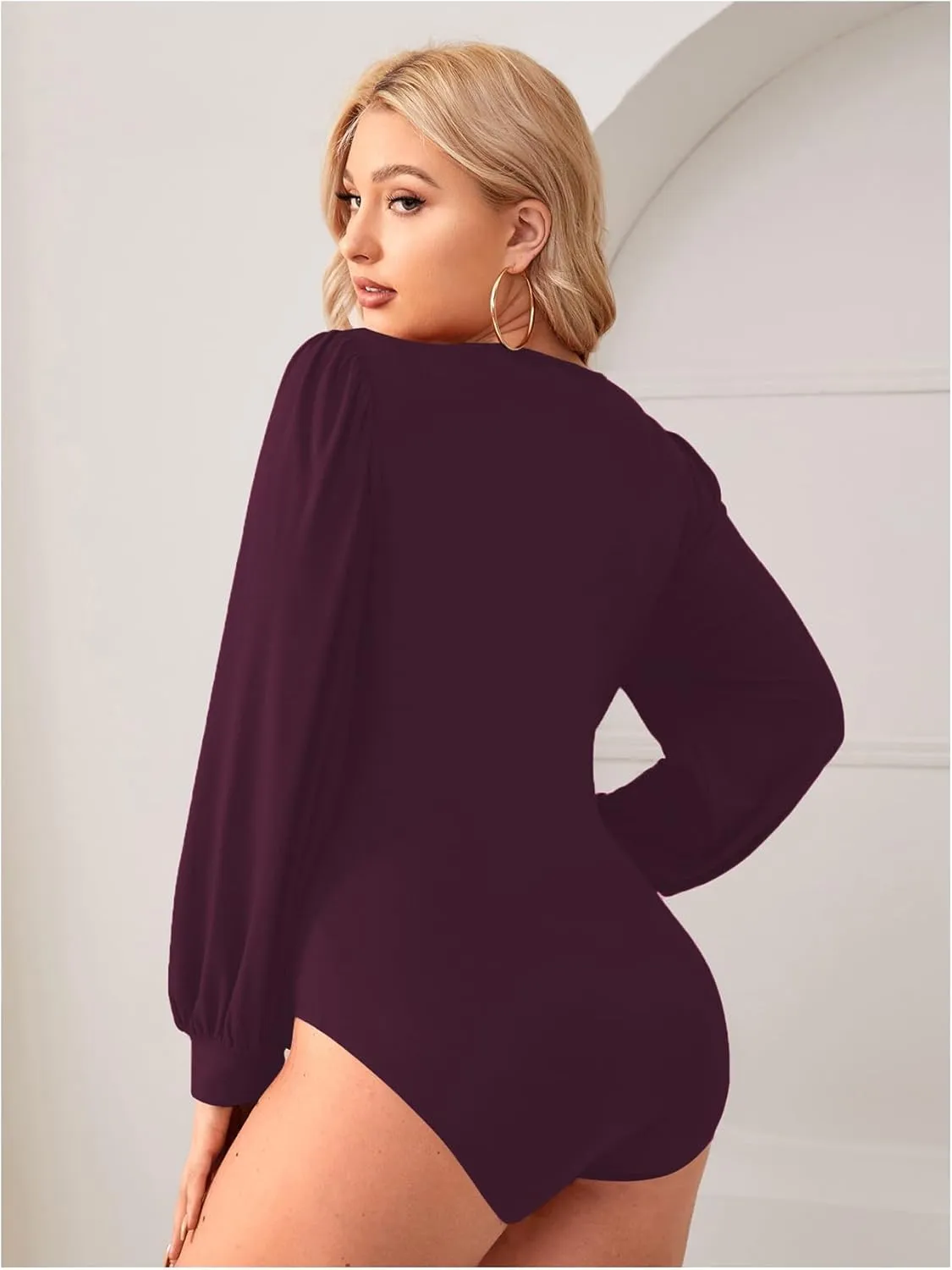 Milumia Women's Plus Size V Neck Long Sleeve Bodysuit Leotards Basic Shirts Jumpsuit