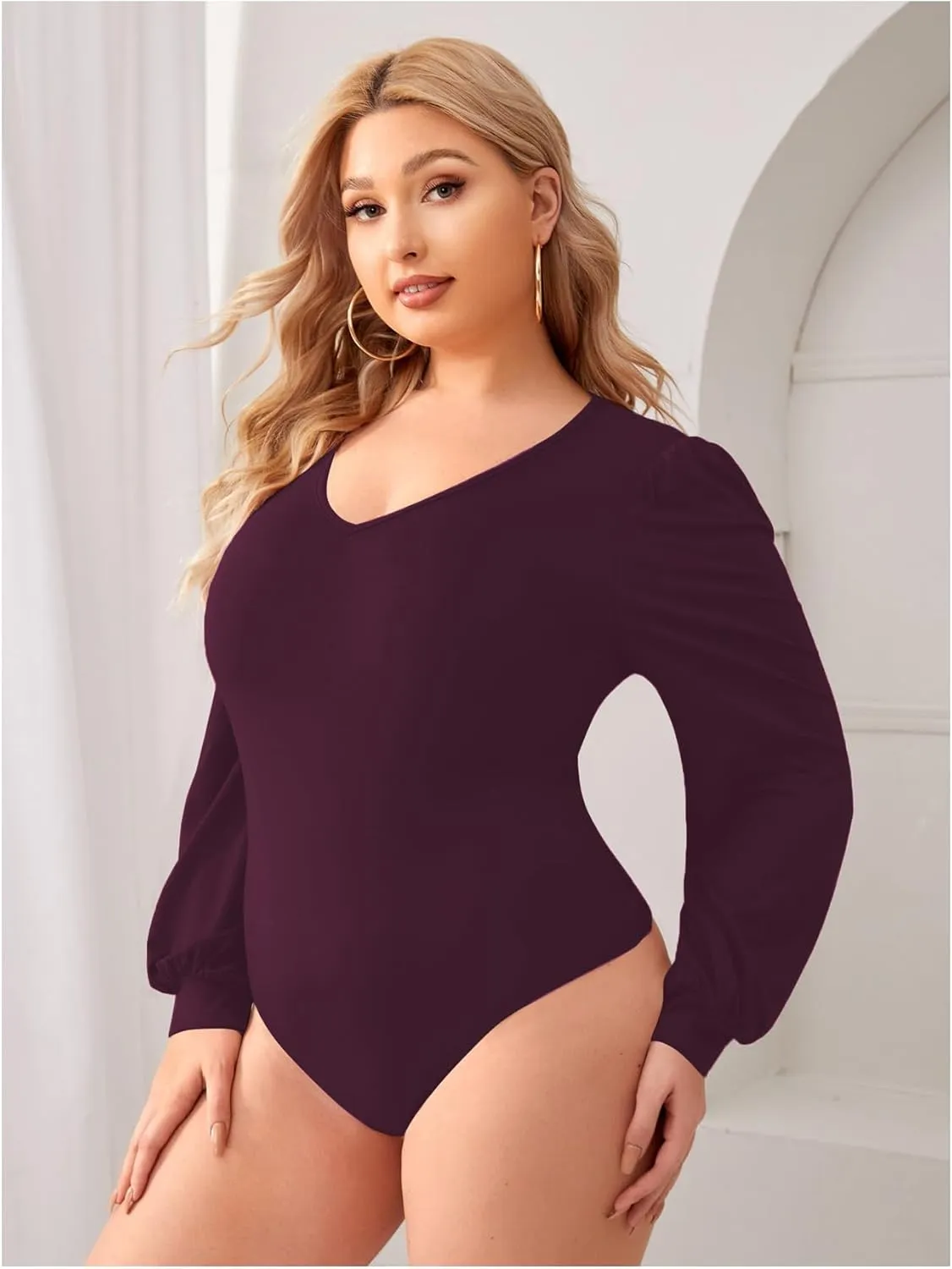 Milumia Women's Plus Size V Neck Long Sleeve Bodysuit Leotards Basic Shirts Jumpsuit