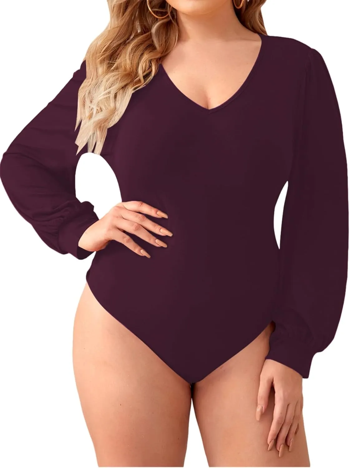 Milumia Women's Plus Size V Neck Long Sleeve Bodysuit Leotards Basic Shirts Jumpsuit