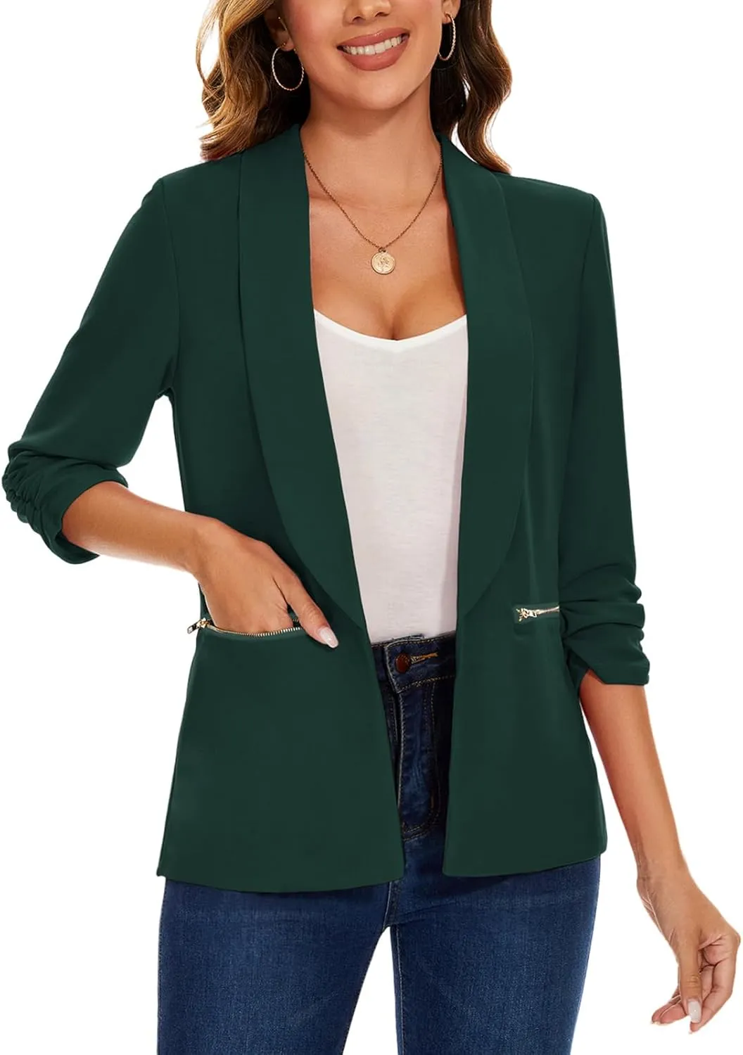 MINTLIMIT Womens Casual Blazer 3/4 Ruched Sleeve Open Front Cardigan Work Office Blazers Suit Jackets with Zipper Pockets