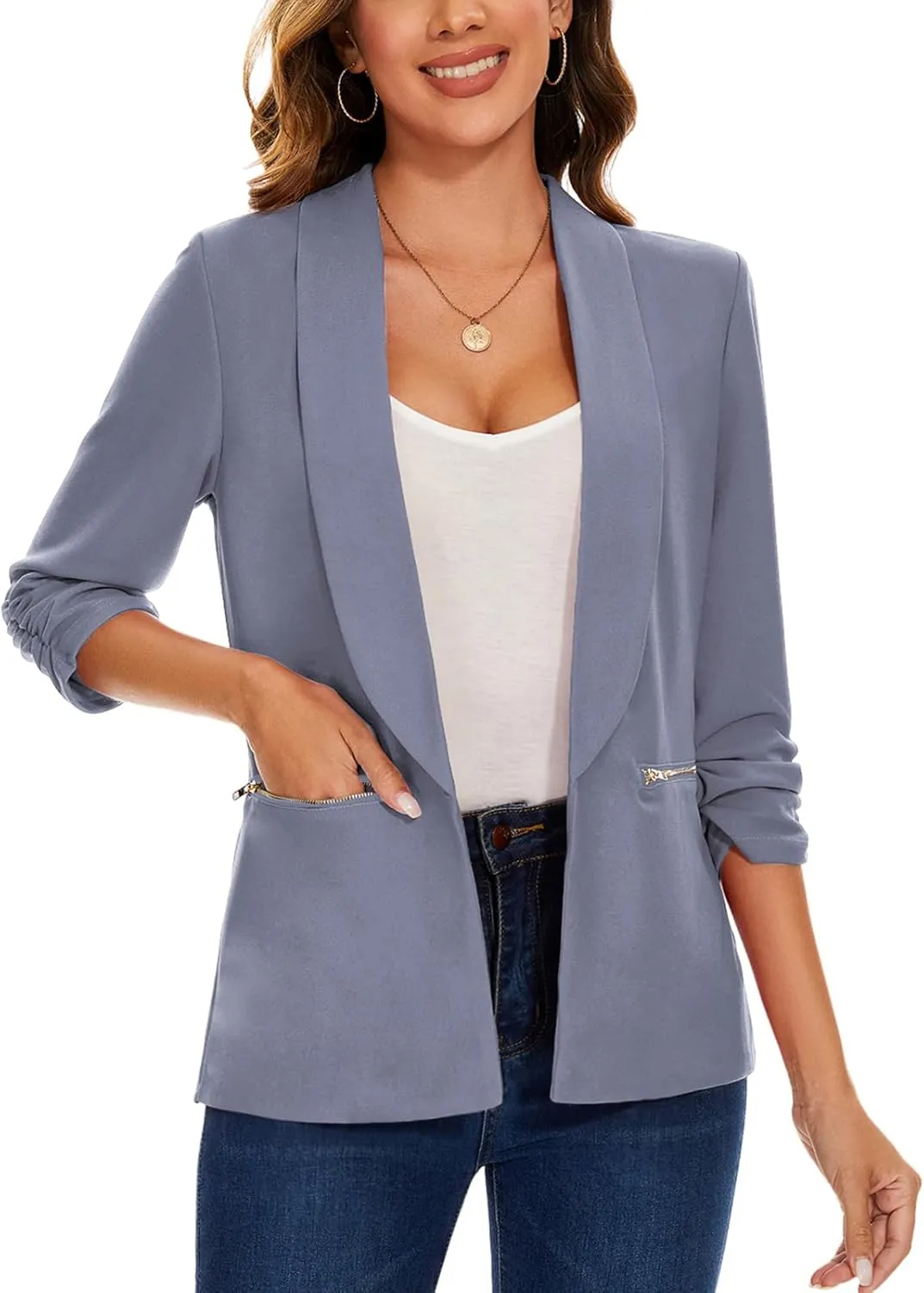 MINTLIMIT Womens Casual Blazer 3/4 Ruched Sleeve Open Front Cardigan Work Office Blazers Suit Jackets with Zipper Pockets