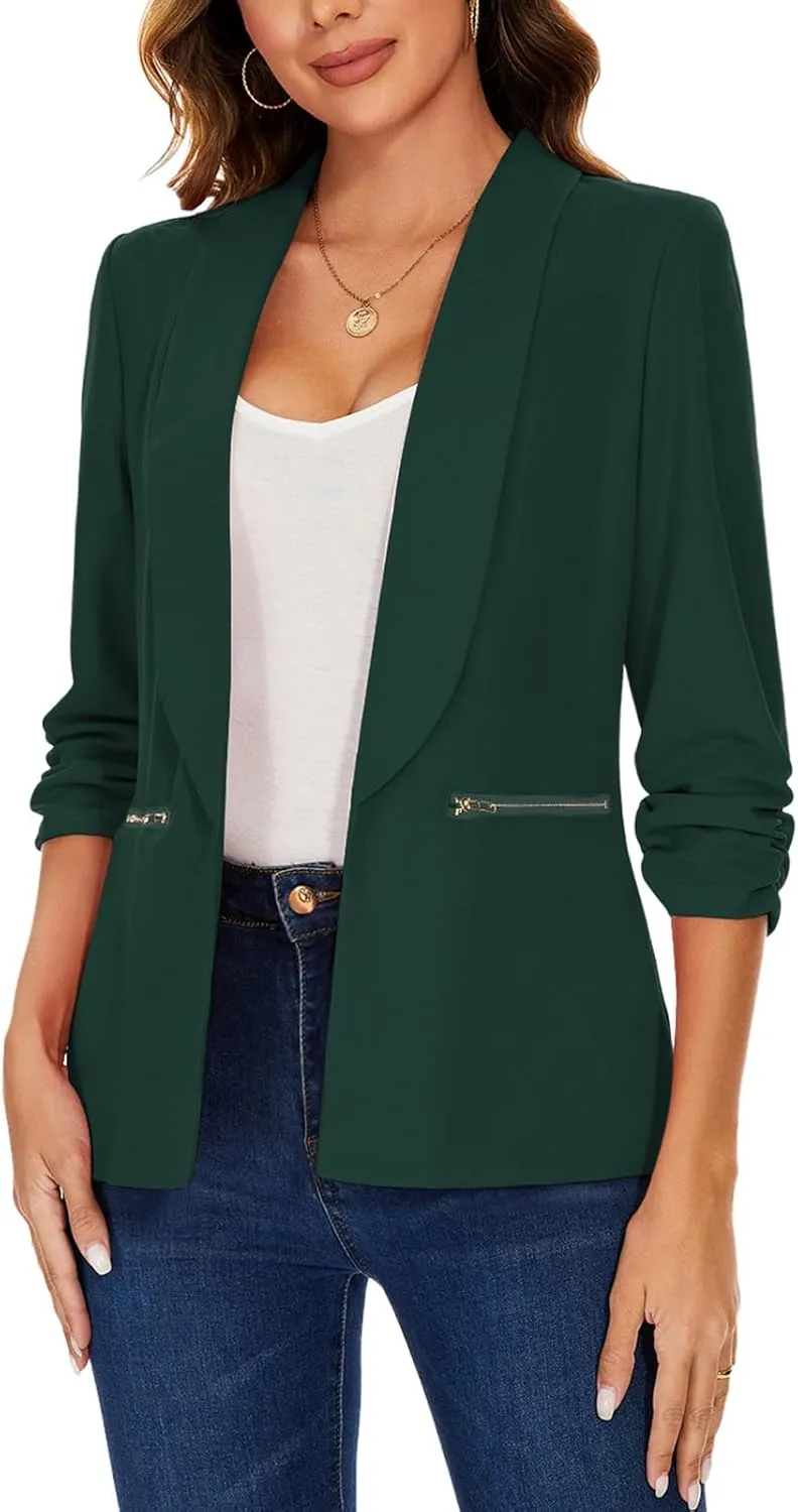 MINTLIMIT Womens Casual Blazer 3/4 Ruched Sleeve Open Front Cardigan Work Office Blazers Suit Jackets with Zipper Pockets