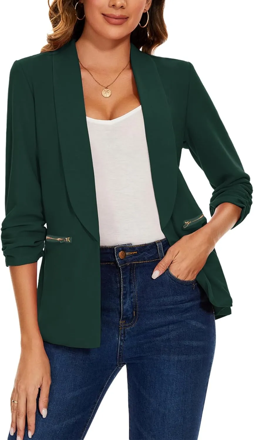 MINTLIMIT Womens Casual Blazer 3/4 Ruched Sleeve Open Front Cardigan Work Office Blazers Suit Jackets with Zipper Pockets