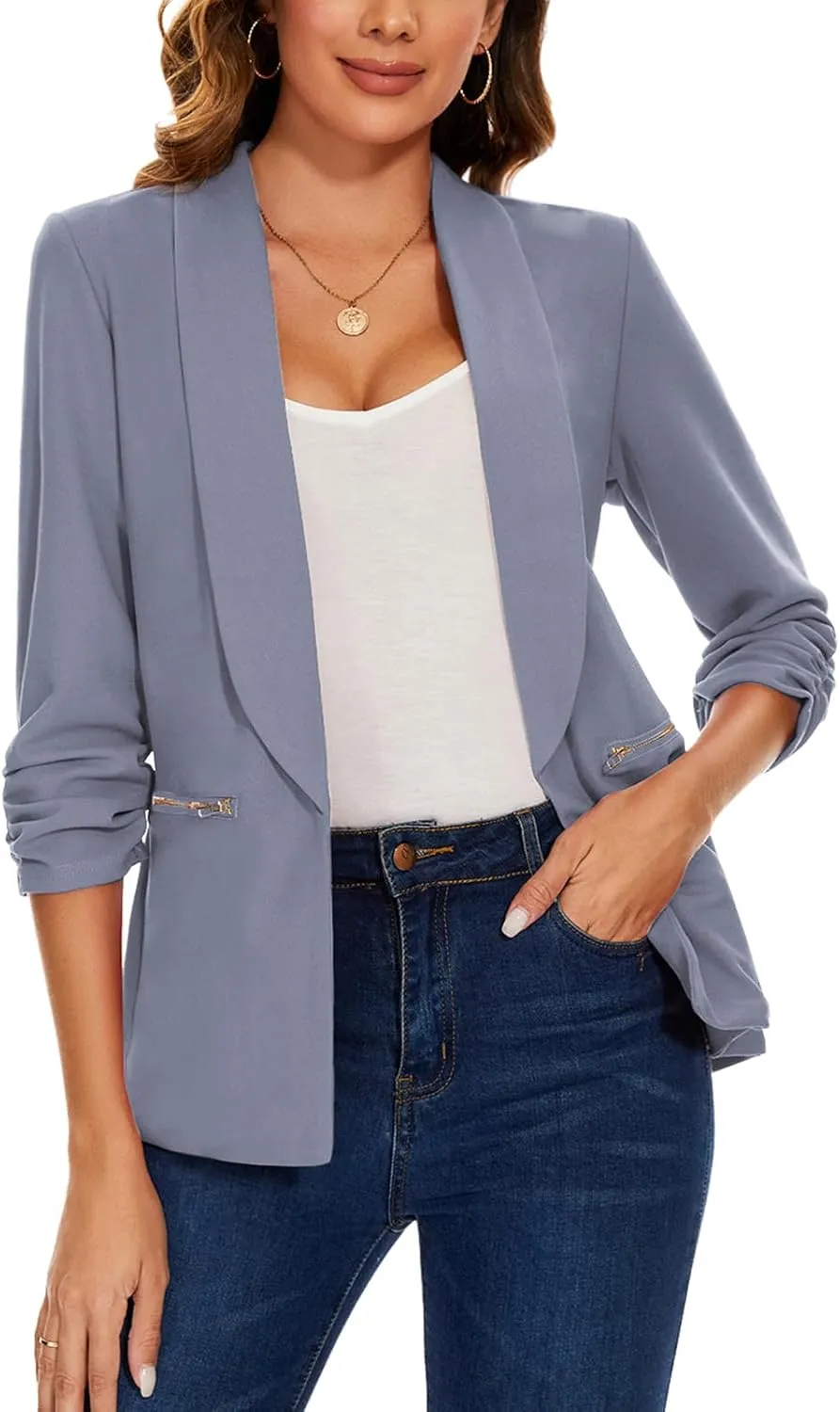 MINTLIMIT Womens Casual Blazer 3/4 Ruched Sleeve Open Front Cardigan Work Office Blazers Suit Jackets with Zipper Pockets