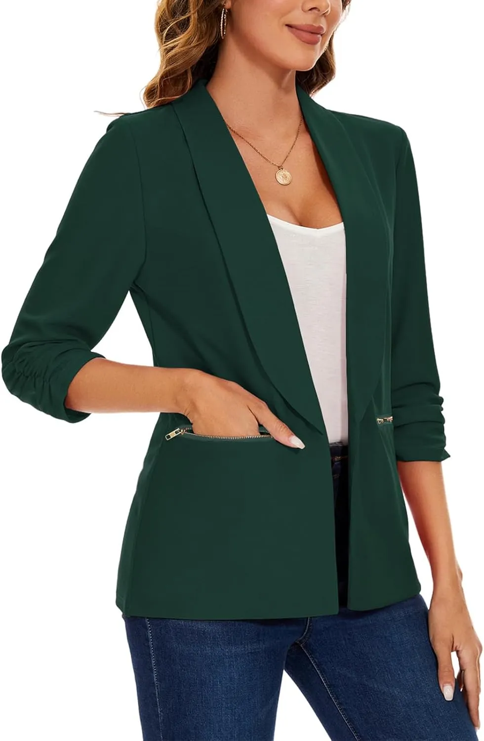 MINTLIMIT Womens Casual Blazer 3/4 Ruched Sleeve Open Front Cardigan Work Office Blazers Suit Jackets with Zipper Pockets