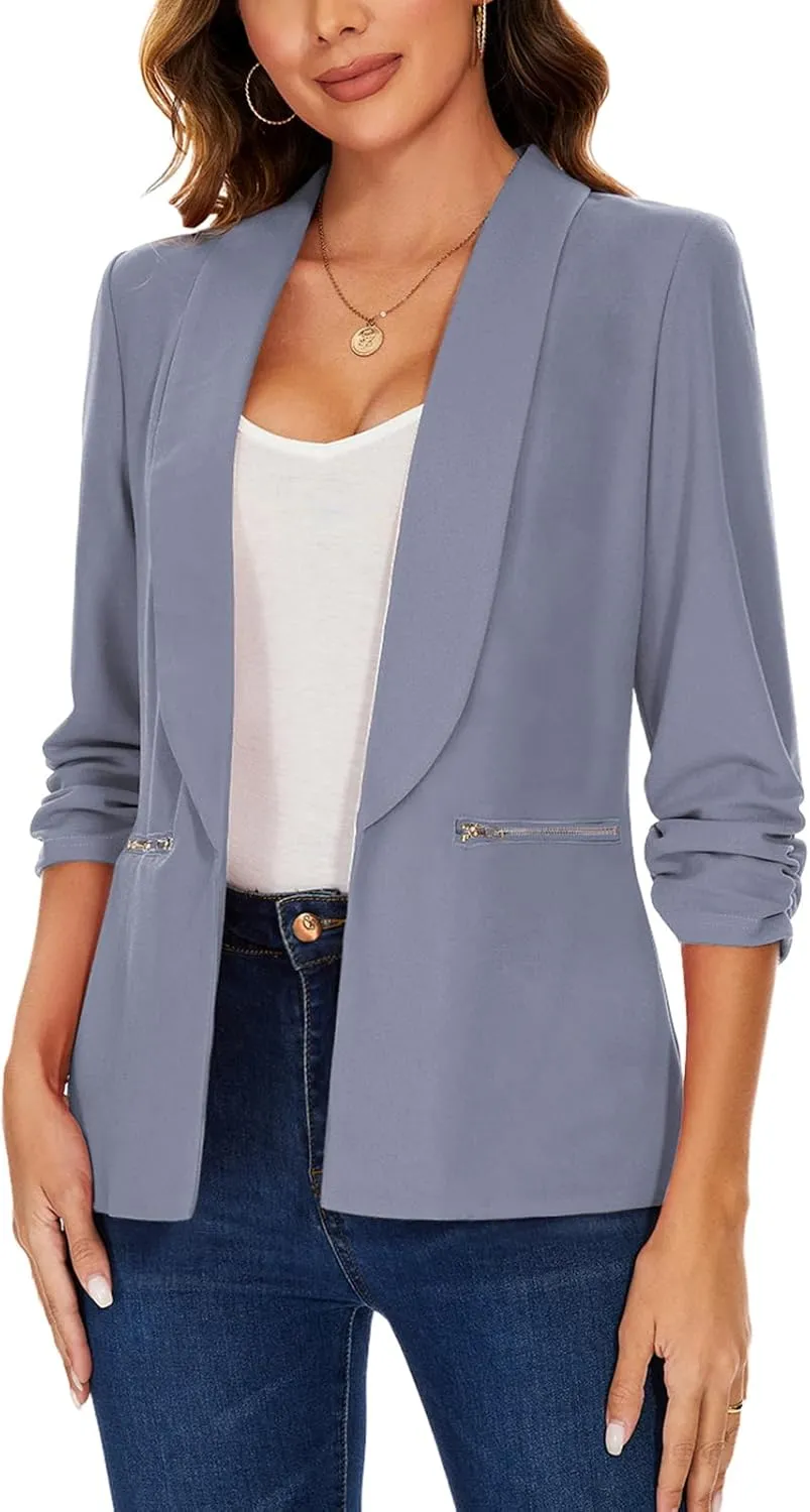 MINTLIMIT Womens Casual Blazer 3/4 Ruched Sleeve Open Front Cardigan Work Office Blazers Suit Jackets with Zipper Pockets