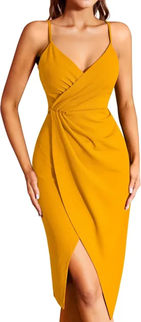 Missufe Women's Wrap V Neck Sleeveless Spaghetti Strap Ruched Bodycon Midi Slit Summer Party Cocktail Dress