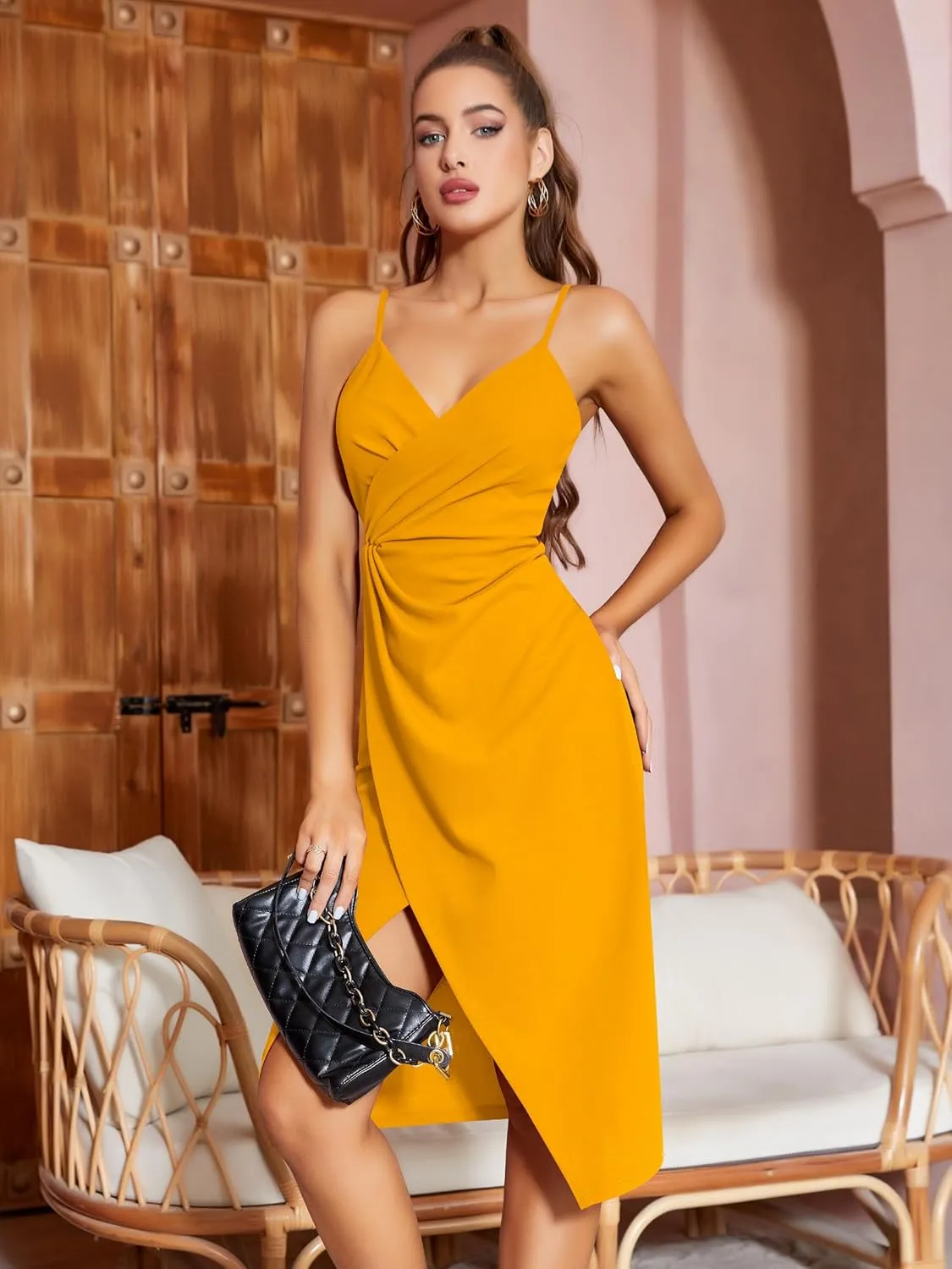 Missufe Women's Wrap V Neck Sleeveless Spaghetti Strap Ruched Bodycon Midi Slit Summer Party Cocktail Dress
