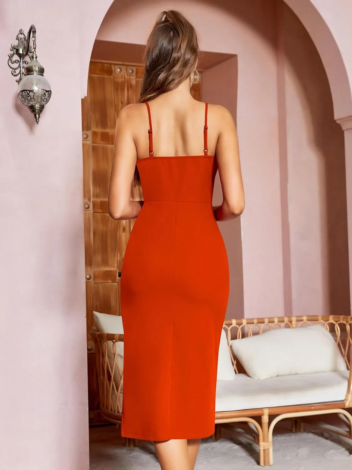 Missufe Women's Wrap V Neck Sleeveless Spaghetti Strap Ruched Bodycon Midi Slit Summer Party Cocktail Dress