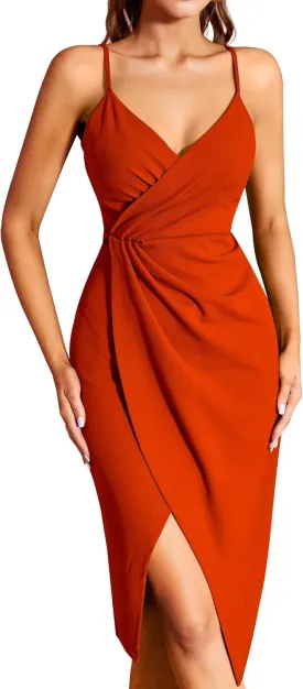 Missufe Women's Wrap V Neck Sleeveless Spaghetti Strap Ruched Bodycon Midi Slit Summer Party Cocktail Dress