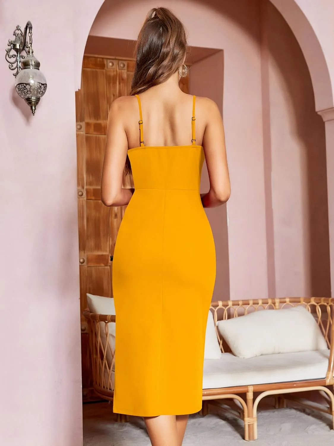 Missufe Women's Wrap V Neck Sleeveless Spaghetti Strap Ruched Bodycon Midi Slit Summer Party Cocktail Dress