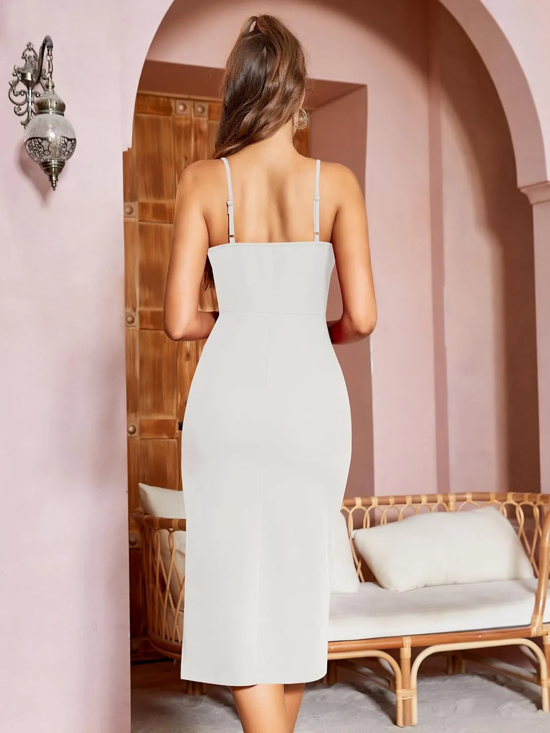 Missufe Women's Wrap V Neck Sleeveless Spaghetti Strap Ruched Bodycon Midi Slit Summer Party Cocktail Dress