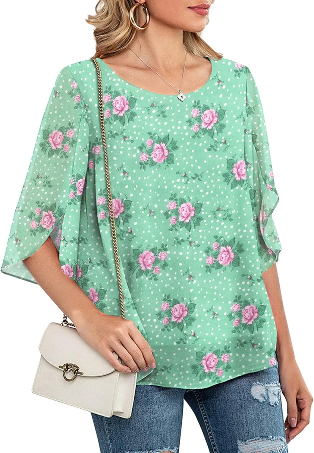 Neineiwu Womens Casual Scoop Neck Loose Top 3/4 Sleeve Chiffon Blouse Shirt Tops