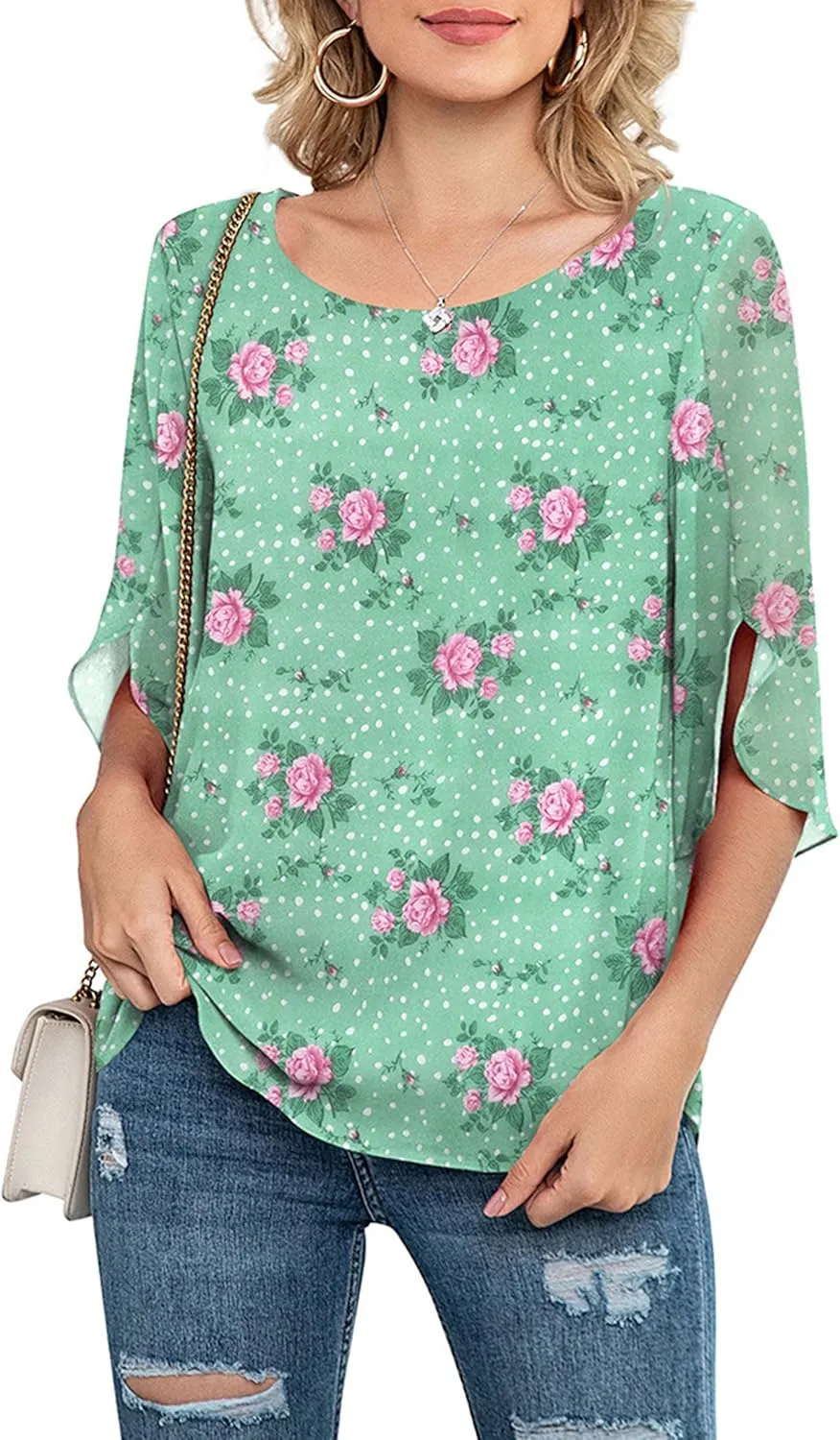 Neineiwu Womens Casual Scoop Neck Loose Top 3/4 Sleeve Chiffon Blouse Shirt Tops