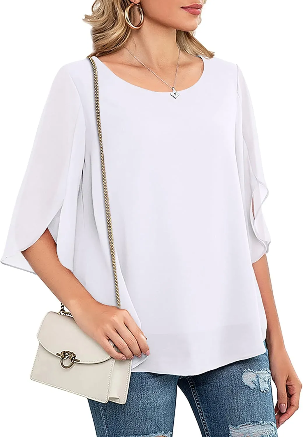 Neineiwu Womens Casual Scoop Neck Loose Top 3/4 Sleeve Chiffon Blouse Shirt Tops